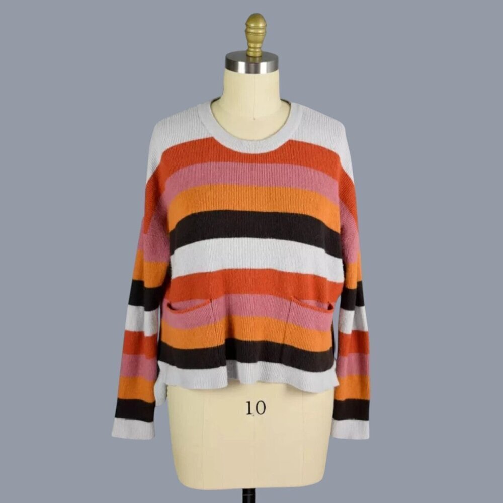 VICI STRIPED ORANGE BROWN CREW NECK POCKETS SWEATER